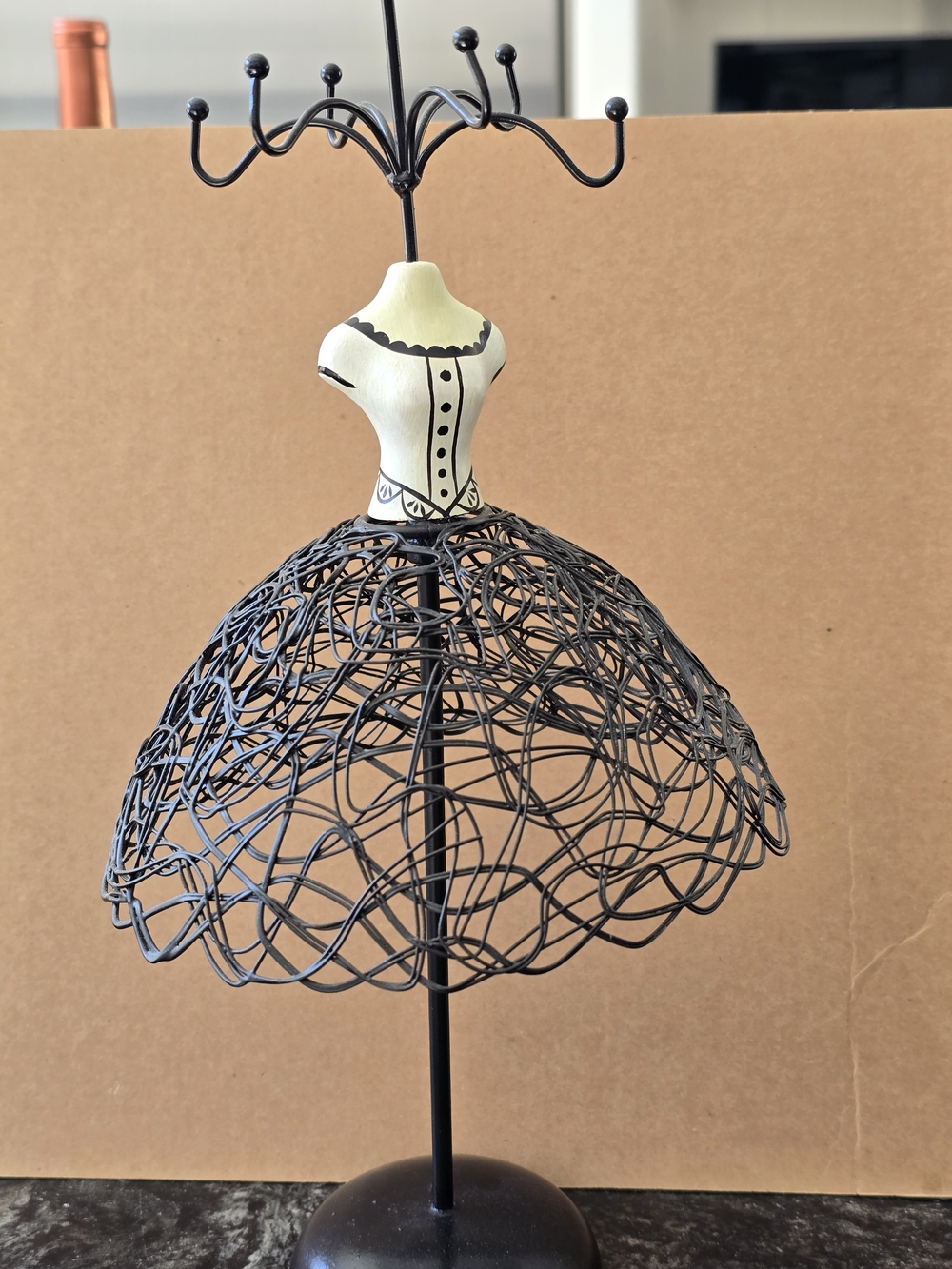 12 Inch High Cream and Black Vintage Wire Dress-Form Jewelry Organizer